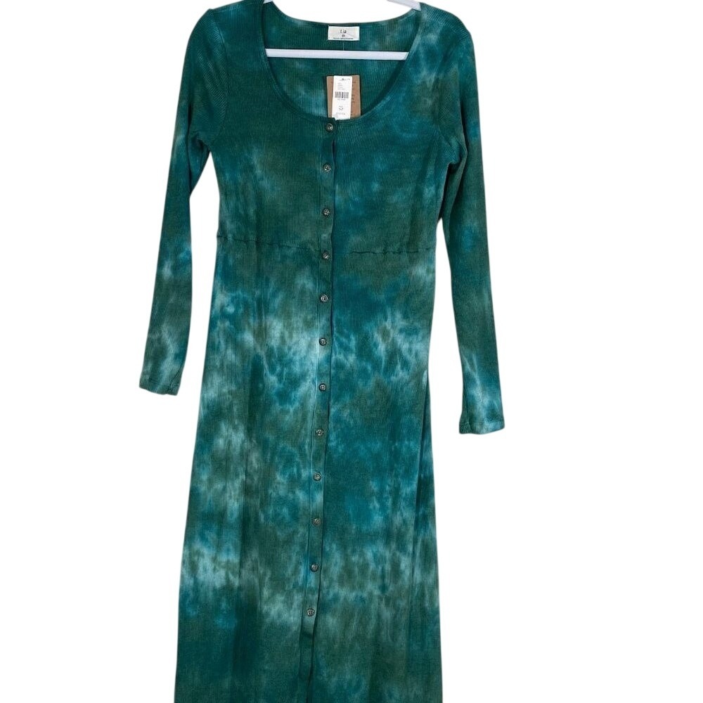 T.La Anthropologie Green Tie Dye Ribbed Button Down‎ Midi Dress SP Petite - Picture 2 of 5
